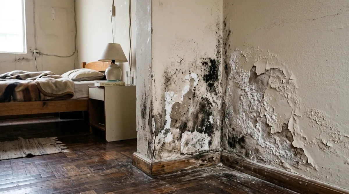 Dormitorio de un departamento en La Carolina con salitre y moho antes del tratamiento